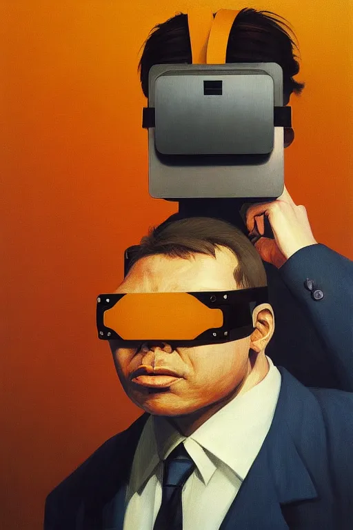 Image similar to Satoshi Nakamoto wearing oculus and bitcoin over his head Edward Hopper and James Gilleard, Zdzislaw Beksisnski, highly detailed