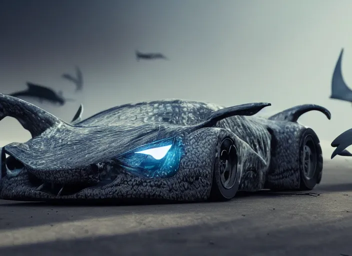 Image similar to hd wallpaper of a car made out of sharks, octane render, 8 k, hyperrealistic, unreal 5, intricate detail, cinematic, studio lighting, concept art, trending on artstation