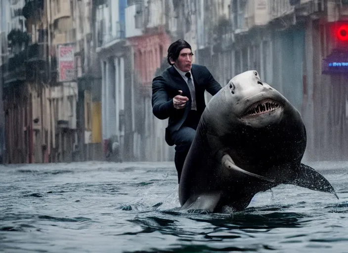 Prompt: first official image from bond 2 6, starring adam driver as agent 0 0 7, riding an actual live shark through the streets of valparaiso, chile in heavy rain. directed by alejandro inarritu. stunning cinematography, kodak vision 2 0 0 t, high contrast, anamorphic lens, chromatic aberration.