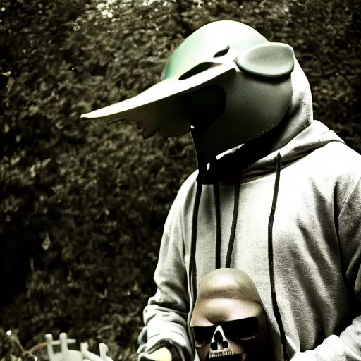 Image similar to MF DOOM standing in a graveyard with a dug up coffin, studio photograph