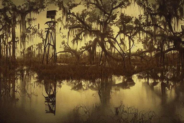 Prompt: scene from louisiana swamps, airboat, neon farm, big oak, pentagram, boy scout troop, voodoo artwork by tim eitel