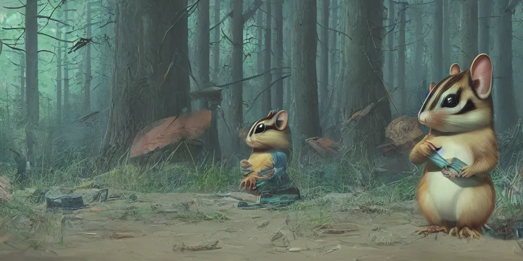 Prompt: A chipmunk with scales standing next to a rino with feathers. Detailed digital matte painting in the style of simon stalenhag