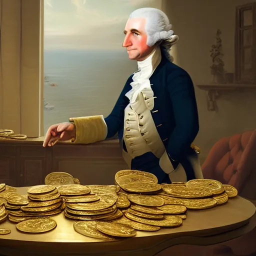 Image similar to a closeup photorealistic photograph of a happy George Washington inspecting small gold Doubloon coins at his home on Cherry Street. This 4K HD image is Trending on Artstation, featured on Behance, well-rendered, extra crisp, features intricate detail and the style of Unreal Engine.