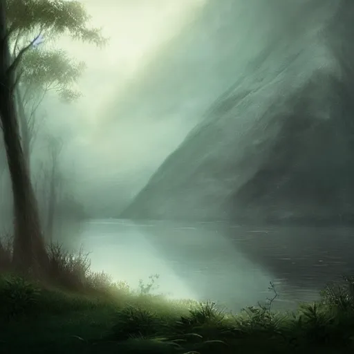 Prompt: the sound of a mysterious voice beckons from the misty lake, nature, magic the gathering, d&d, romantic, Friedrich