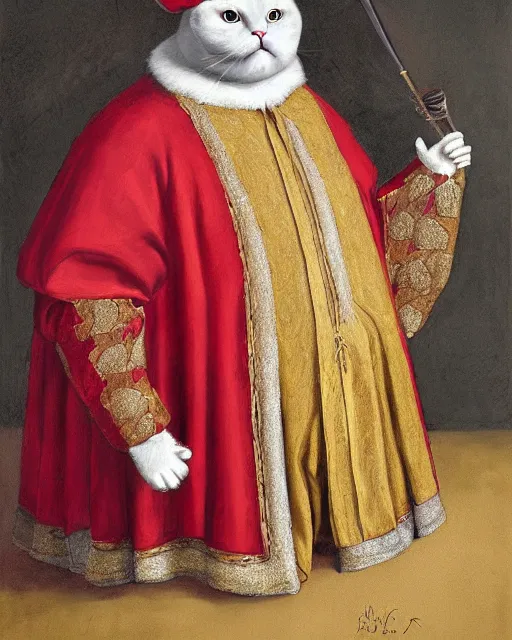 Image similar to fat gray cat with yellow eyes dressed like henry viii, tudor period clothing in scarlet gold and black, royal robes, greg rutkowski, royal portrait, painting