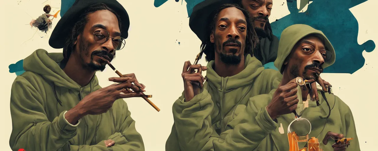 Image similar to duotone olive illustration 3 / 4 portrait of 3 people smoking joints snoop dogg and gandalf from lord of the rings and elon musk composition accidental renaissance golden ratio. by sachin teng and sergey kolesov and ruan jia and heng z. graffiti art, scifi, fantasy, hyper detailed. octane render. concept art. trending on artstation