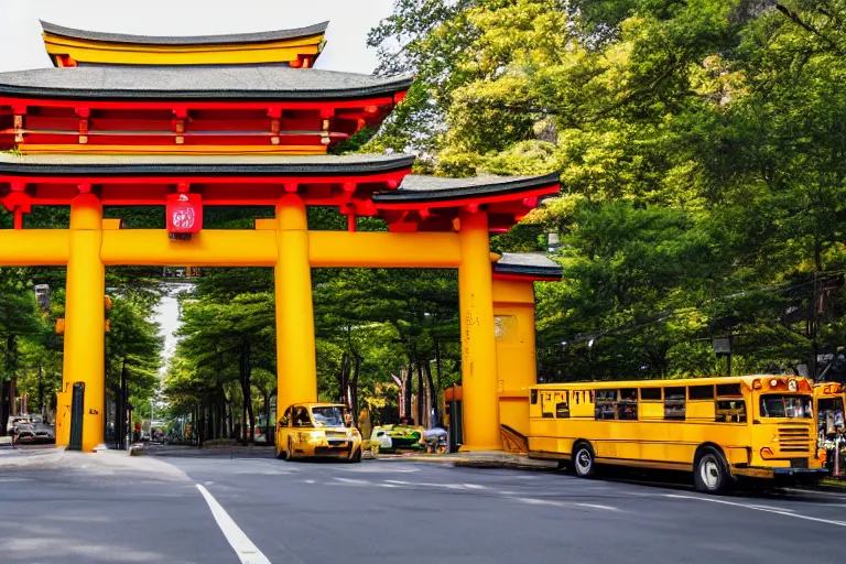 Prompt: Yellow school bus, driving towards a red japanese Torii gate, New York location in USA, ray tracing, high detail, 4K