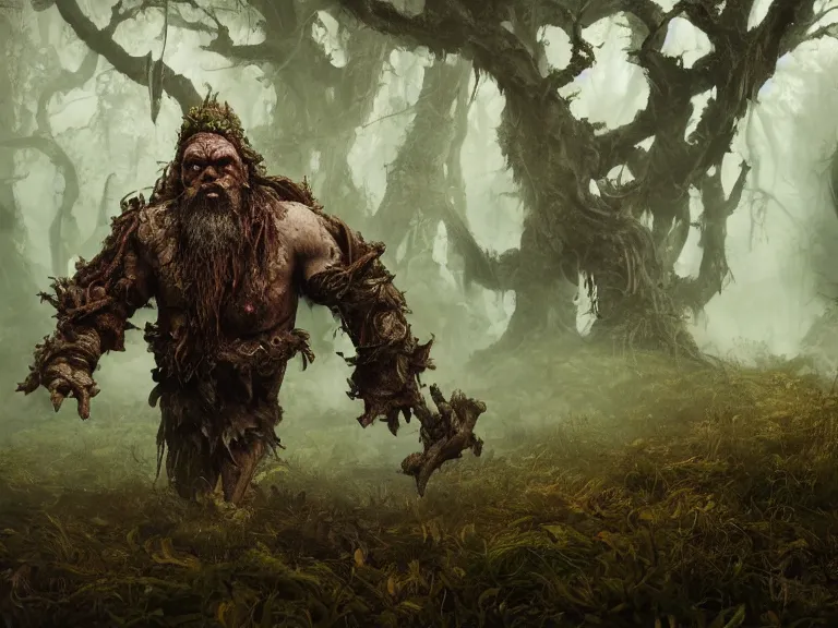 Image similar to Scared High Fantasy Dwarf Druid running through Haunted Swamp, RPG Portrait Reference, Oil Painting, Trending on Artstation, octane render, Insanely Detailed, 8k, HD