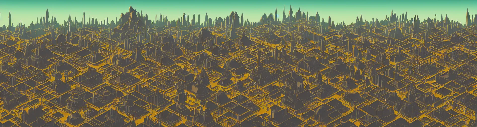 Image similar to a wide landscape shot of a dwarven city with retrofuturist art deco architecture