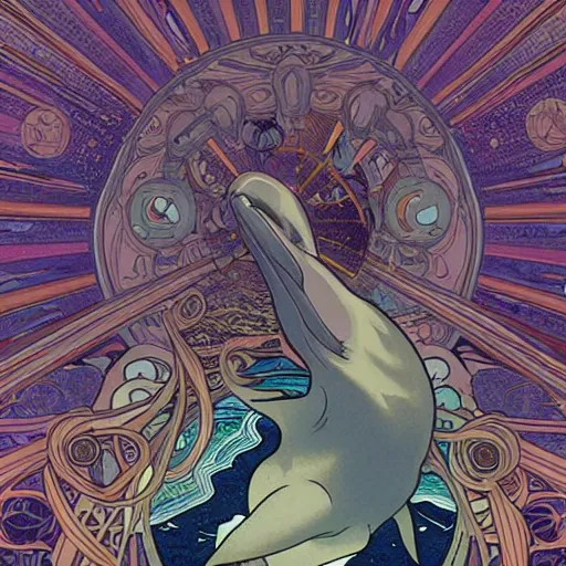 Prompt: a dolphin leaving its body, astral projection, astral travel, space background, cinematic, detailed, very realistic, by Alphonse Mucha, Moebius, Laurie Greasley, 8k