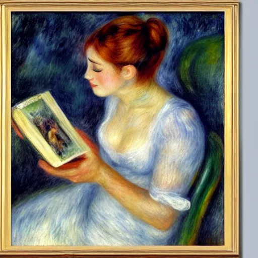 Image similar to renoir painting of black cat reading a book