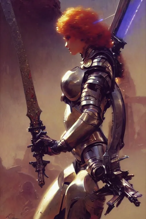 Image similar to futuristic women with medieval armor cyborg fighting dynamic poses, holding a gunsword, detail, beautifull face, no blur, painting by gaston bussiere, craig mullins, greg rutkowski, yoji shinkawa, sorayama