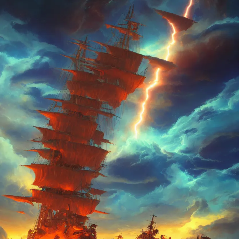 Prompt: treasure planet, clouds, pirate ship!, lava, lightning, beautiful lighting, vivid colors, intricate, elegant, smooth, sharp focus, highly detailed digital painting, concept art, cinematic, unreal engine, 4 k wallpaper, art by syd mead, terada katsuya, atey ghailan, svetlin velinov, cgsociety, artstation trending