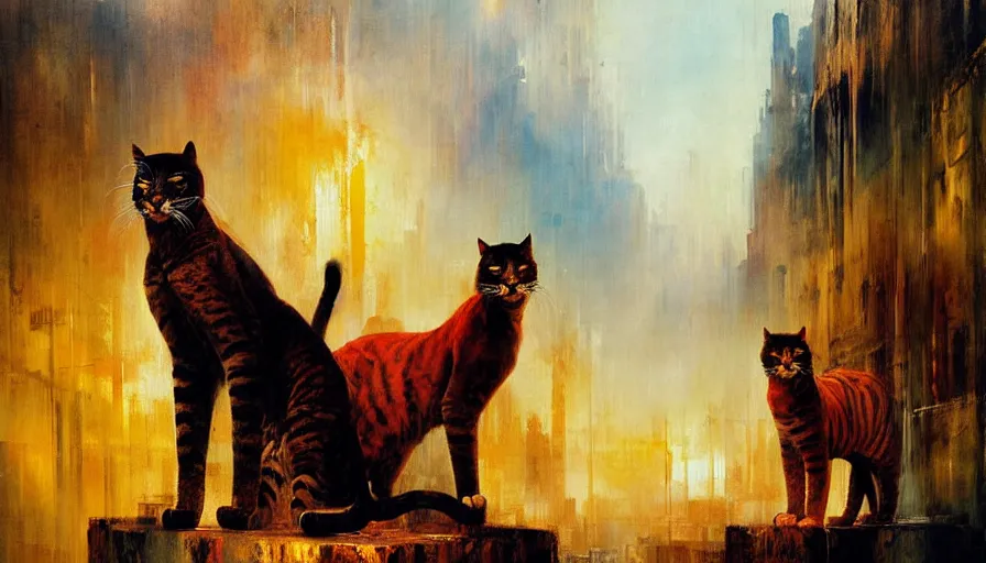 Image similar to contemporary semi abstract acrylic painting of really tall cats by william turner, by greg rutkowski, kessler art, thick brush strokes and visible paint layers, multicolor color scheme