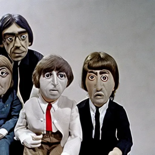 Image similar to stills from puppets movie by gerry anderson aboutt the beatles, vintage film, 1 9 6 0 s