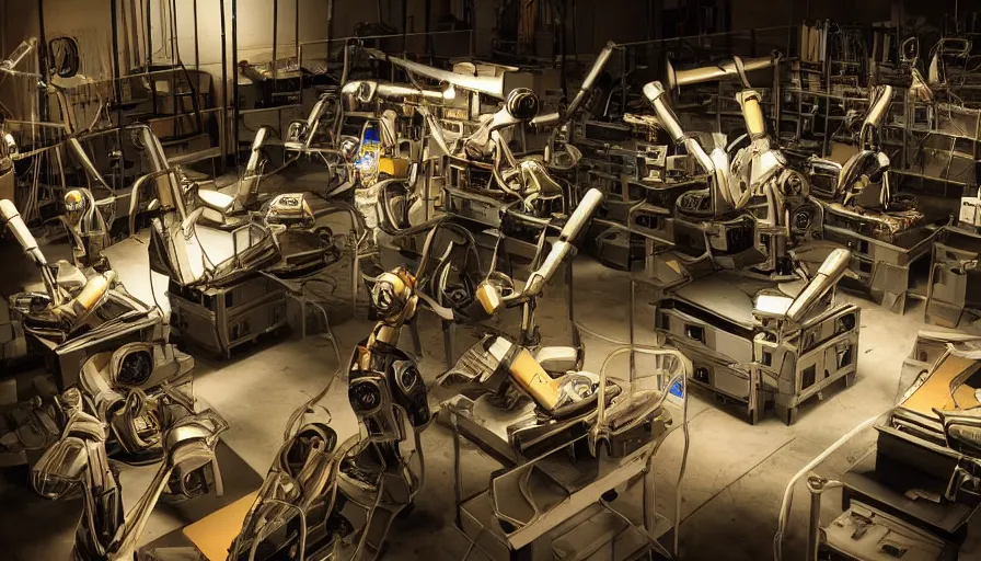 Prompt: award winning photo of robots in an art factory, dramatic lighting, 4 k