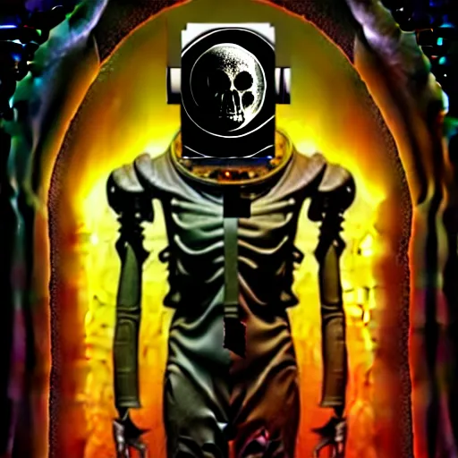 Prompt: full-body dark creepy baroque style oil painting realism a decapitated astronaut with futuristic elements. he welcomes you with no head, empty helmet skull visible occult mystical symbolism headless full-length view. standing on ancient altar eldritch energies lighting forming around disturbing frightening intricate renaissance, digital illustration hyper realism, 8k, depth of field, 3D