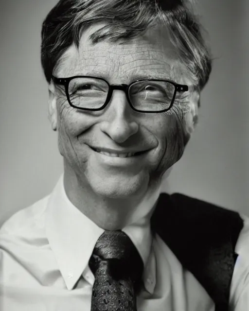 Prompt: portrait photograph of bill gates grinning, by yousuf karsh, highly detailed, dslr photography