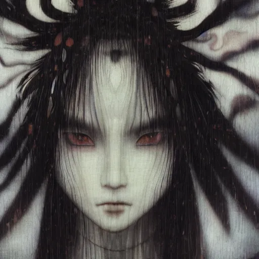 Image similar to yoshitaka amano blurred and dreamy realistic illustration of a japanese woman with black eyes, wavy white hair fluttering in the wind wearing elden ring armor with engraving, abstract patterns in the background, satoshi kon anime, noisy film grain effect, highly detailed, renaissance oil painting, weird portrait angle, blurred lost edges, three quarter view