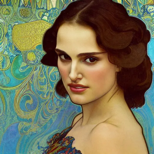 Prompt: a closeup portrait of a young natalie portman, hair in arabesque forms, art nouveau, jugendstil, decorative background, painted by alphonse mucha and klimt