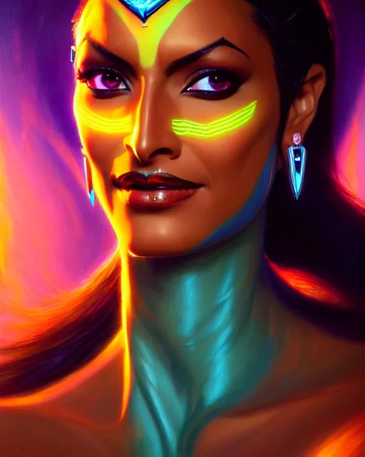 Image similar to symmetra from overwatch, fantasy, fantasy art, fantasy, colorful, elegant, character portrait, portrait, close up, highly detailed, intricate detail, amazing detail, sharp focus, vintage fantasy art, vintage sci - fi art, radiant light, caustics, by boris vallejo