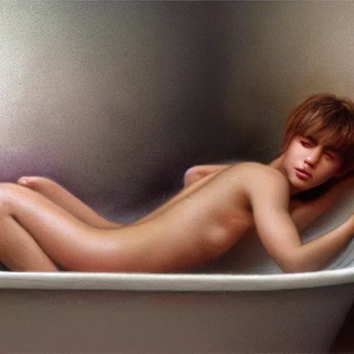 Image similar to justim bieber laying in a bathtub filled with milk, cinematic, cottage core, cinematic focus, polaroid photo bleached vintage pastel colors high - key lighting, soft lights, foggy, by steve hanks, by lisa yuskavage, by serov valentin, by tarkovsky, 8 k render, detailed, oil on canvas