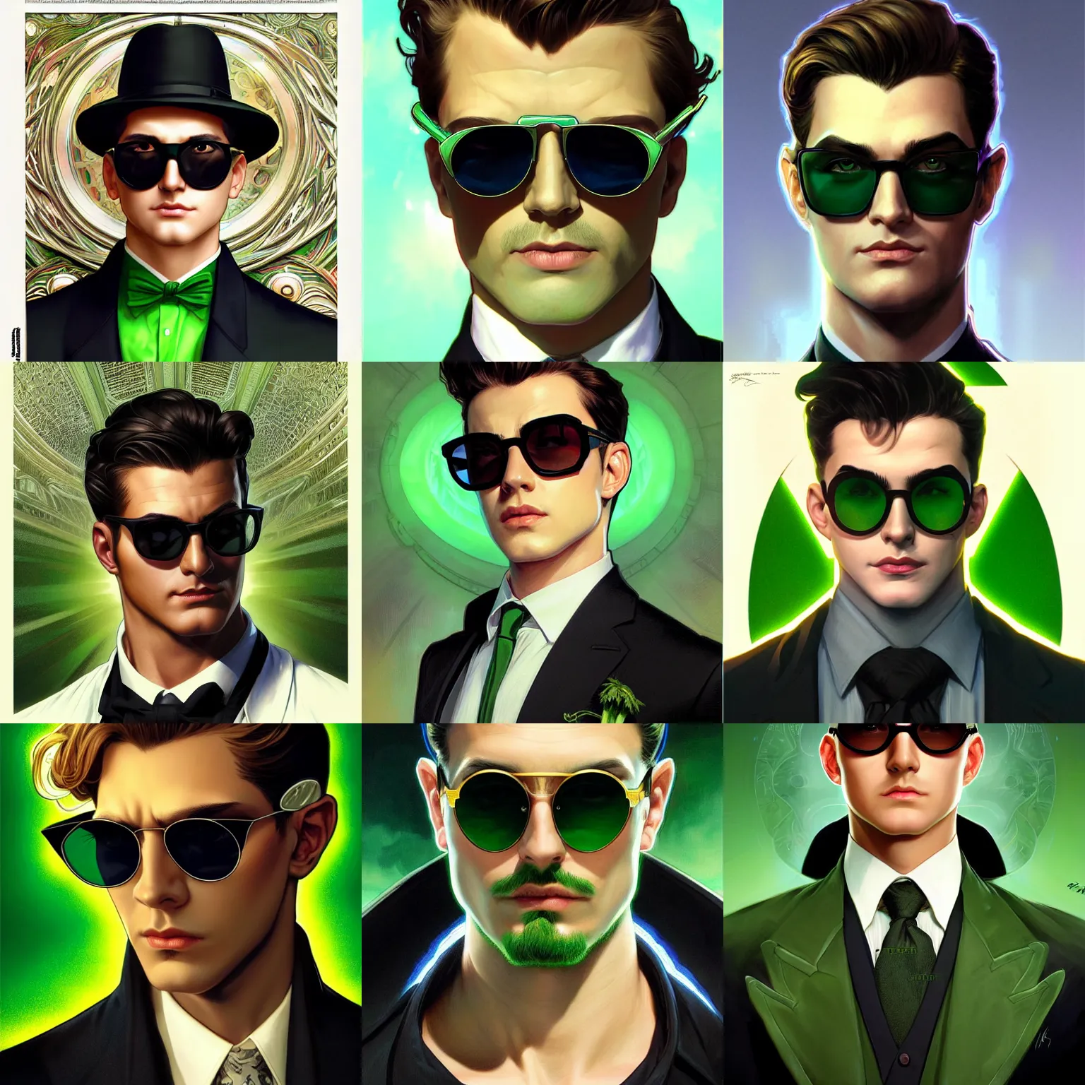 Prompt: character concept portrait, symmetrical head-on centralized, Young man with green-tinted sunglasses, formal black suit. Detailed, high quality, dynamic lightning, fantasy. Artwork by Artgerm, WLOP, Alex Ross, Greg Rutknowski, Alphonse Mucha