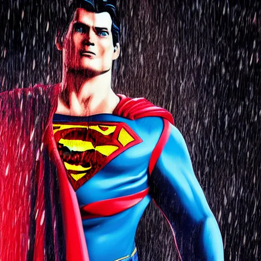 Image similar to superman, splashes of neon, cartoon portrait made out of rain, trending on artstation, epic composition, emotional, beautiful, rendered in octane, unreal engine, highly detailed, realistic