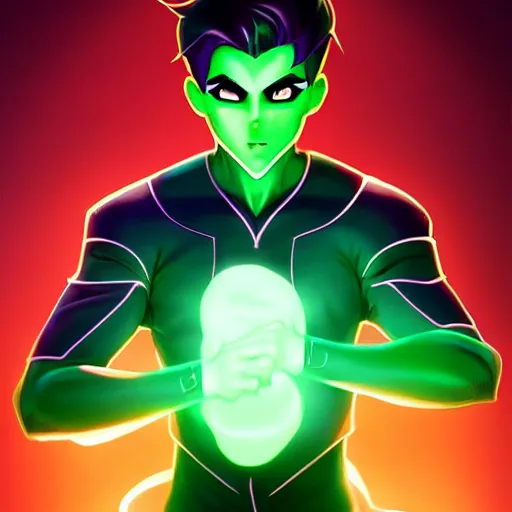 Image similar to a full body character design by artgerm, wlop, ross tran. young danny phantom!! glowing green eyes!! sharp teeth!! face sharp edges. ultra clear detailed. 8 k. ultra detailed, elegant, intricate, octane render.