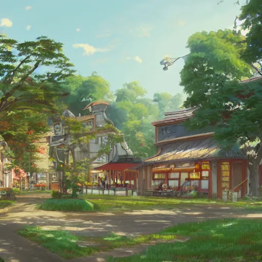 Image similar to concept art painting of a historic bakery with european and japanese architecture, in a woodland village surrounded by trees, realistic, detailed, cel shaded, in the style of makoto shinkai and greg rutkowski and james gurney