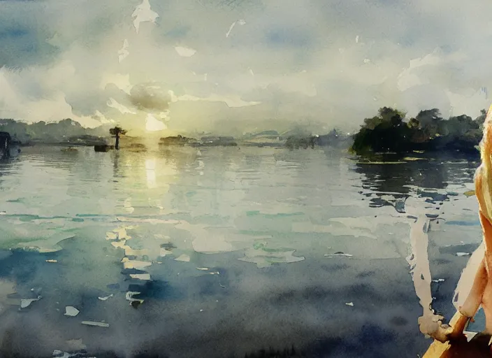 Image similar to watercolor painting of sunny summer day, calm water, art by anders zorn, wonderful masterpiece by greg rutkowski, beautiful cinematic light, american romanticism by greg manchess, creation by tyler edlin, aquarelle