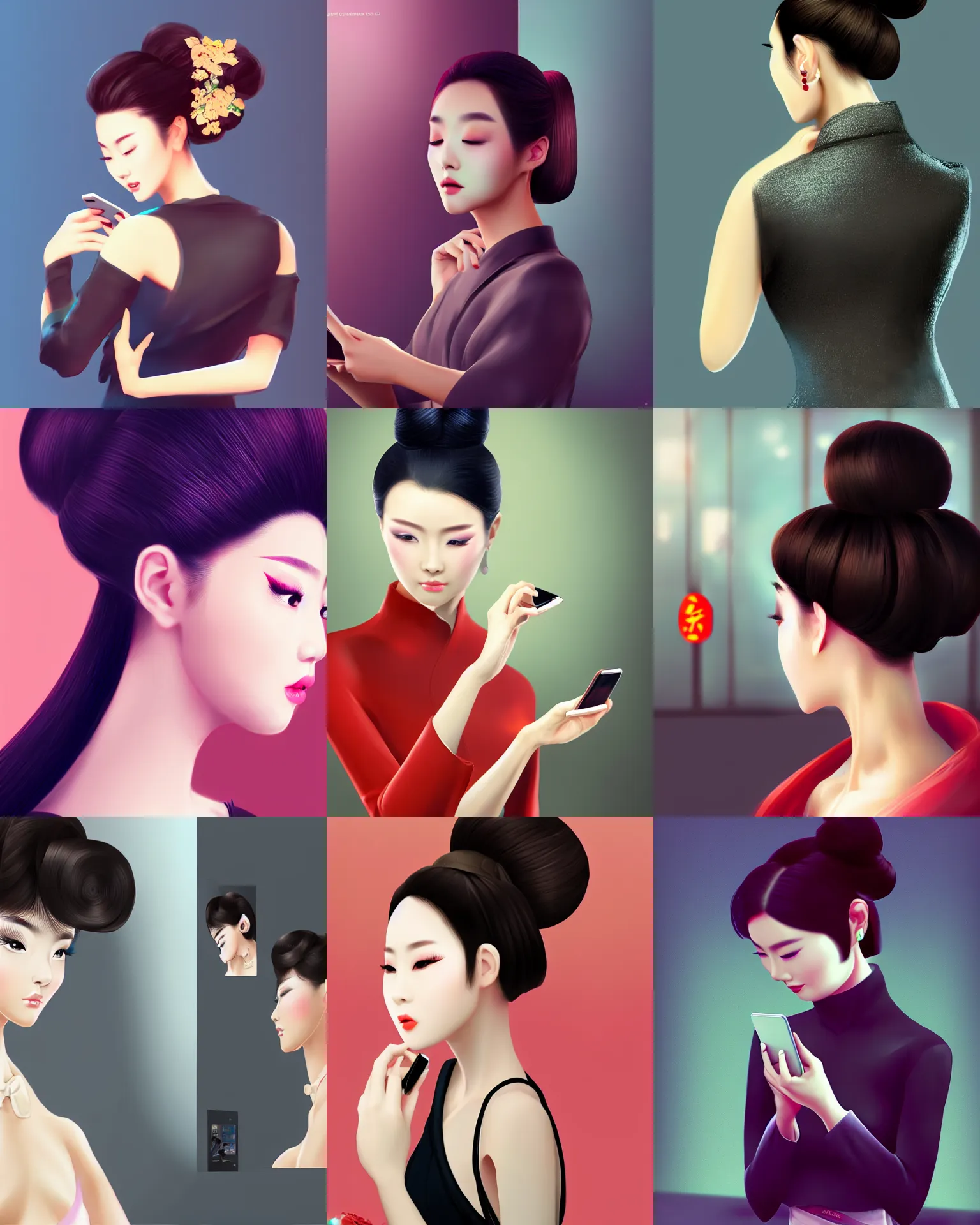 Prompt: chinese beauty with chignon using mobile phone facing the computer display, full body, wide angle lens, bokeh, artstation