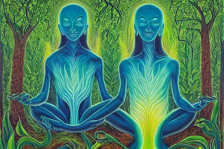 Image similar to painting of a tranquil alien meditating in lush forest by alex grey, acrylic art, ethereal, soothing, somber, elegant, soft light,
