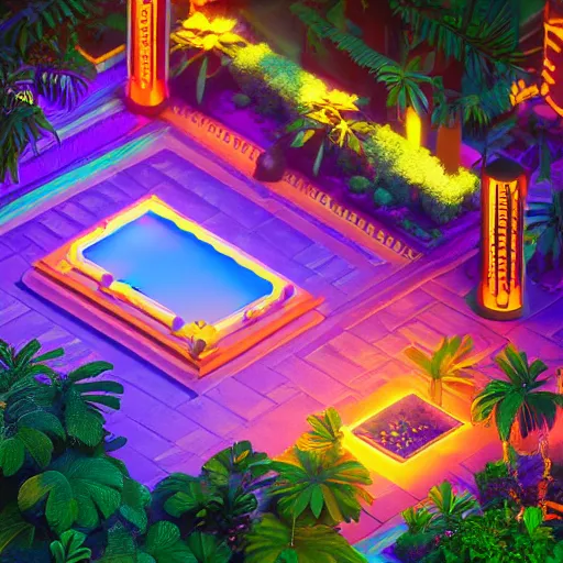 Prompt: isometric world of paradise garden on dark background, neon lights, video game, octane render, pixar style, unreal engine, dynamic light