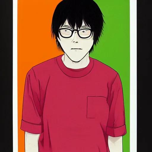 Prompt: a colorful portait of a 2 4 years old man with an orange sweetshirt made by inio asano, detailed
