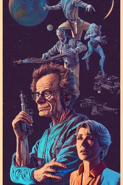 Prompt: John Noble as Rick Sanchez, science fiction, retro cover, high details, intricate details, by vincent di fate, artgerm julie bell beeple, 60s, inking, vintage 60s print, screen print