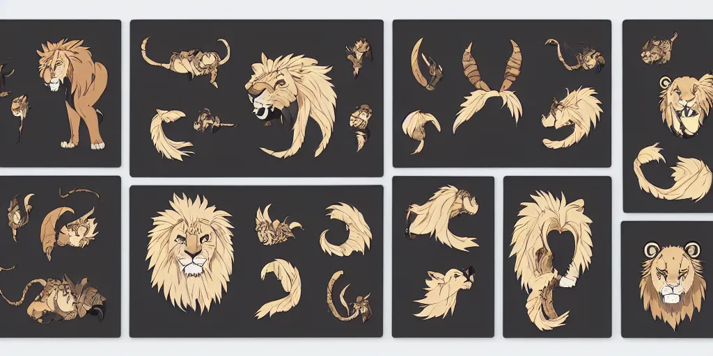 Prompt: game asset of unique lion heads on black background, organic, animated studio ghibli movie palette, animated studio ghibli black inking, cel shading, 5 colors, no gradients, flat 2 d design, 2 d sprites, 8 k, close up