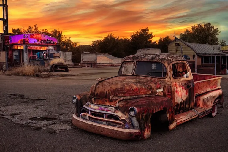 Image similar to a sunset light landscape with historical route 6 6, lots of sparkling details and sun ray ’ s, blinding backlight, smoke, volumetric lighting, colorful, octane, 3 5 mm, abandoned gas station, old rusty pickup - truck, beautiful epic colored reflections, very colorful heavenly, softlight