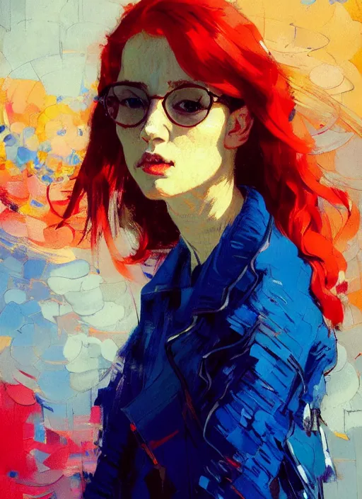 Image similar to portrait of a beautiful girl, redhead, shades of blue, warm colors, beautiful face, rule of thirds, intricate outfit, spotlight, by greg rutkowski, by jeremy mann, by francoise nielly, by van gogh, digital painting