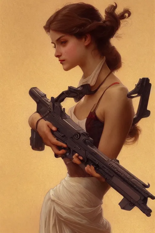 Image similar to girl holding a gun, intricate, elegant, highly detailed, digital painting, artstation, concept art, smooth, sharp focus, illustration, art by artgerm and greg rutkowski and alphonse mucha and william - adolphe bouguereau