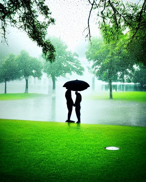 Image similar to raindrops, rain, square, park, lake, man and woman under a black umbrella, trees, kiss, paths, lake.