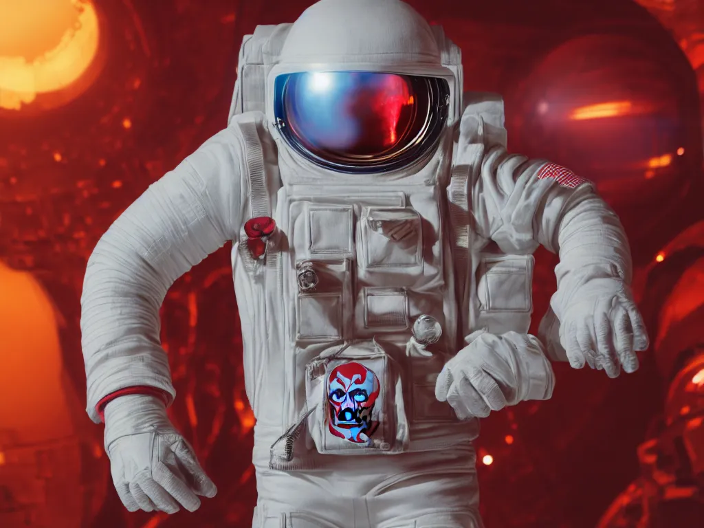 Image similar to ornate red skull in astronaut suit, gold linens, cinematic lighting, dramatic, octane render, long lens, shallow depth of field, bokeh, anamorphic lens flare, 8k, hyper detailed, 35mm film grain