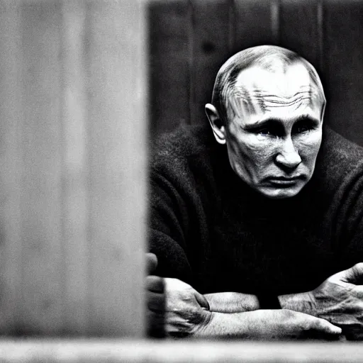 Image similar to a very sad and old wrinkled vladimir putin ( in prison clothes sitting on prison bench ). detailed professional 3 5 mm black and white photo by don mccullin and anders petersen world press photo award