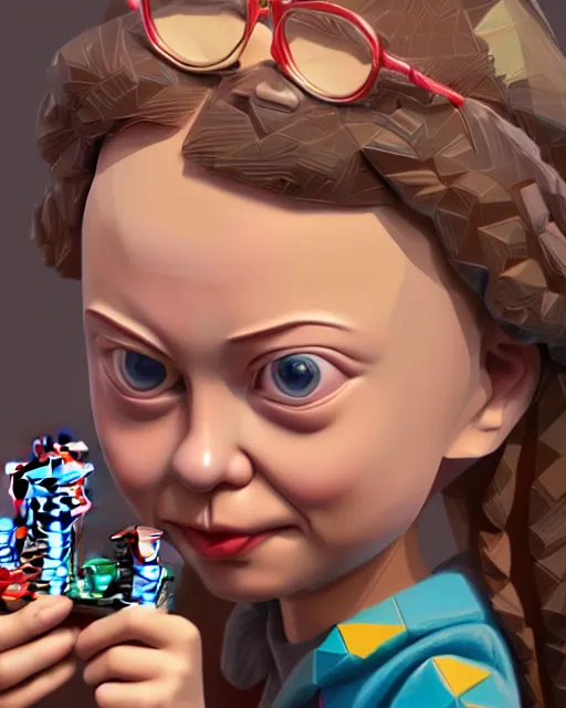 Prompt: closeup profile portrait of a low poly tin toy greta thunberg as a gangster's moll in a gambling den, bikini, hyper realistic, artstation, illustration, nicoletta ceccoli, mark ryden, lostfish, max fleischer, digital paint, matte paint, vivid colors, bright, cheerful, detailed and intricate environment