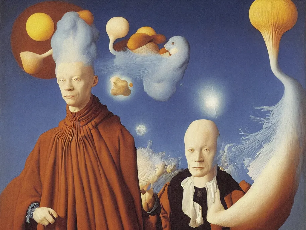 Image similar to Portrait of albino mystic with blue eyes, with exotic meteor. Painting by Jan van Eyck, Audubon, Rene Magritte, Agnes Pelton, Max Ernst, Walton Ford