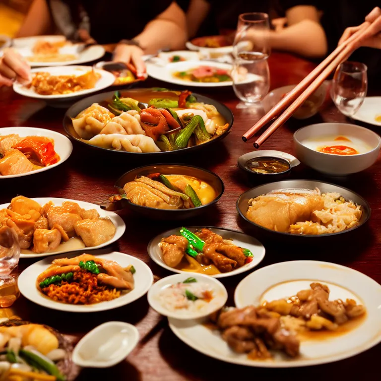 Prompt: close - up focused dslr photograph of a chinese dinner, 8 k, high detail, volumetric lighting, hyperrealism, aesthetically pleasing, studio lighting, trending