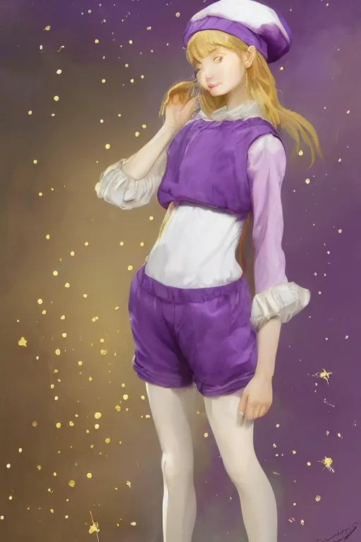 Prompt: Full View girl with short blond hair wearing an oversized purple Beret, Baggy Purple overall shorts, Short Puffy pants made of silk, silk shoes, a big billowy scarf, Golden Ribbon, and white leggings Covered in stars. Short Hair. peasant magic. masterpiece 4k digital illustration by Ruan Jia and Mandy Jurgens and Artgerm and william-adolphe bouguereau, award winning, Artstation, art nouveau aesthetic, Alphonse Mucha background, intricate details, realistic, panoramic view, Hyperdetailed, 8k resolution, intricate art nouveau