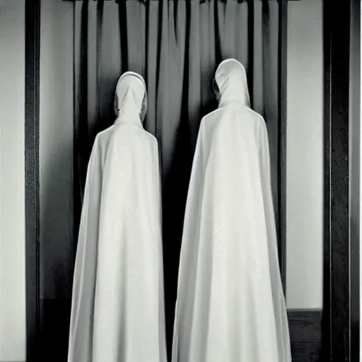 Image similar to award winning photo,two Hovering twin nuns, wearing pointed hoods, buxom chested, blindfolded, wearing translucent veils, see through dress, Very long arms, bedroom, wood door, eerie, frightening, standing at the foot of your bed, highly detailed, photorealistic, colorized —width 1024 —height 1024