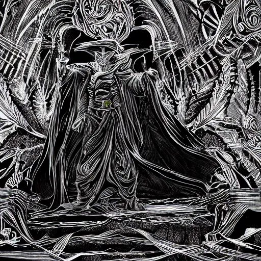 Prompt: a dark figure in a flowing robe haunts the end of time, featured, detailed, 4k, intricate lines