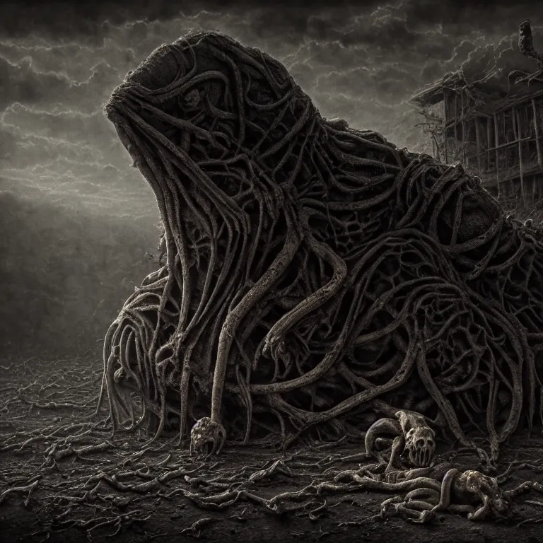 Prompt: ribbed abandoned animal portrait, baroque painting, standing in a desolate empty wasteland, creepy, nightmare, dream-like heavy atmosphere, surreal abandoned buildings, beautiful detailed intricate insanely detailed octane render trending on Artstation, 8K artistic photography, photorealistic, chiaroscuro, Raphael, Caravaggio, Beksinski, Giger